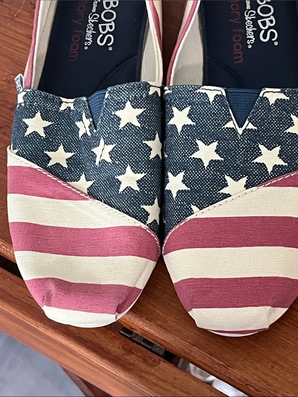 Skechers BOBS Flag Print Slip-On Memory Foam Canvas in Red, White & Blue
